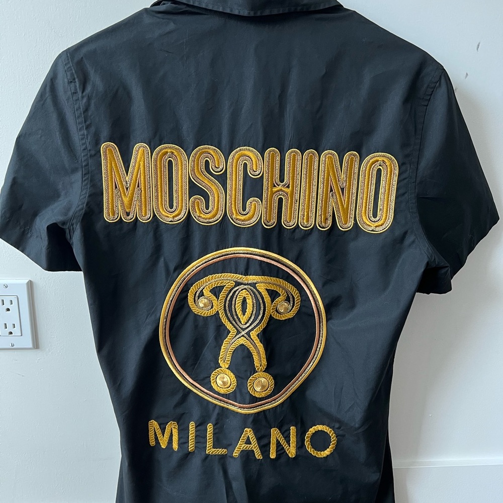 Moschino Mens Short Sleeve Black Embroidered Dress Shirt